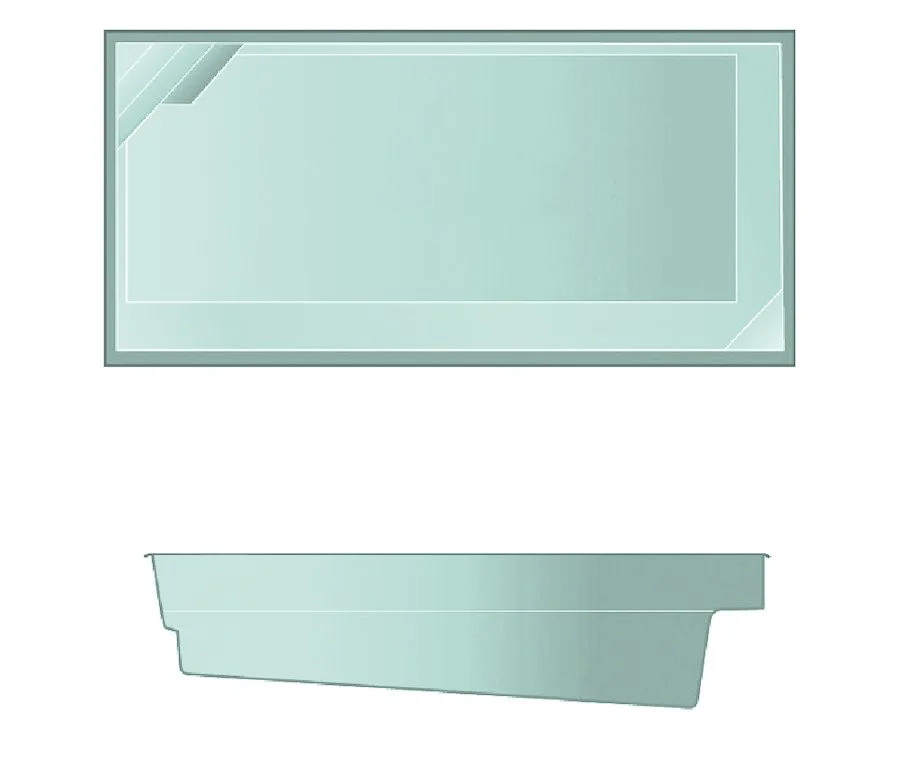 The Retreat manufacturer schematic showing the pool shape, steps, seating and side profile