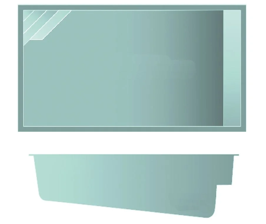 The Urban manufacturer schematic showing the pool shape, steps, seating and side profile