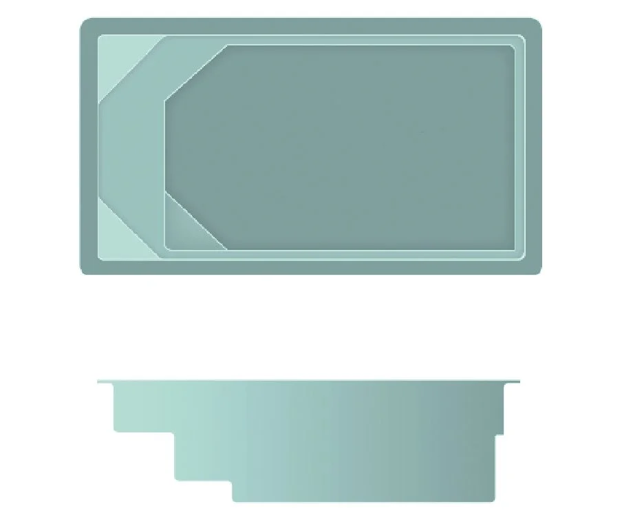 The Waterhole manufacturer schematic showing the pool shape, steps, seating and side profile